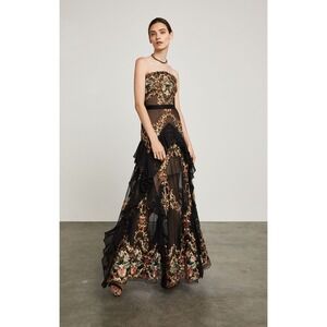BCBGMAXAZRIA Size 0 Maxi Dress Strapless Floral Embroidered‎ Ruffle Evening Gown